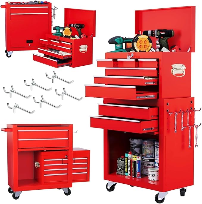 8-Drawer Rolling Tool Chest with Wheels - High Capacity Tool Cabinet with Detachable Top Toolbox for Garage and Workshop Organization - Metal Tool Cart with Liner & 6 Hooks, Red