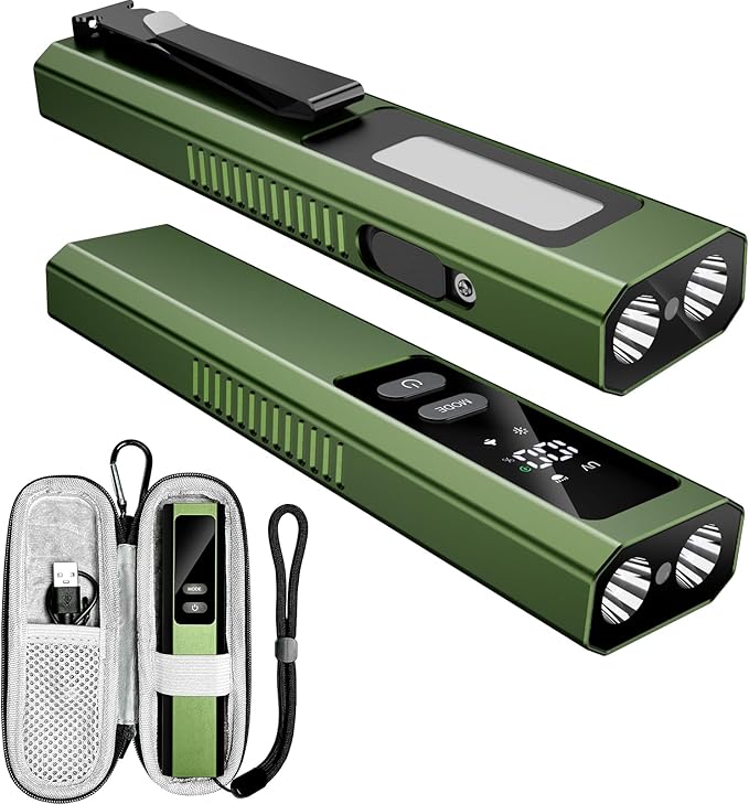 5-in-1 Rechargeable EDC Flat Flashlight, High Lumens Pocket Torch with White LED, UV, Magnetic Base & Clip, Compact Flat Flashlight for Camping, Emergency, Work with Bag (Green)