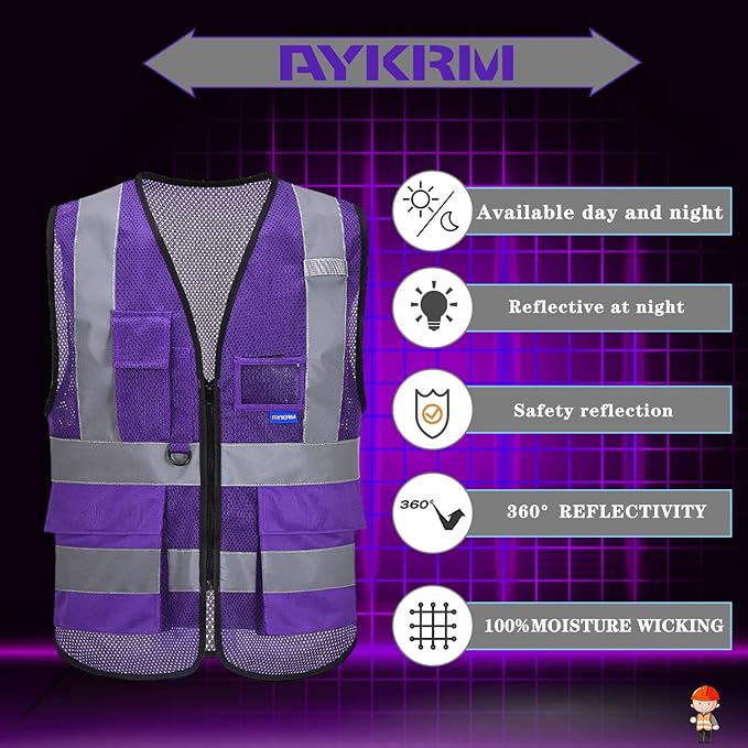 A-SAFETY High Visibility Mesh Safety Reflective Vest with Pockets and Zipper,Hi Viz Work Vest for Men Women (Purple Mesh S)