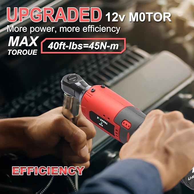 Cordless Electric Ratchet Wrench Set, 40FT-LBS (45N.m) 3/8" Electric Ratchet, 12V Cordless Ratchet Wrench, 2 x 2.0Ah Batteries Impact for Car Home, Red