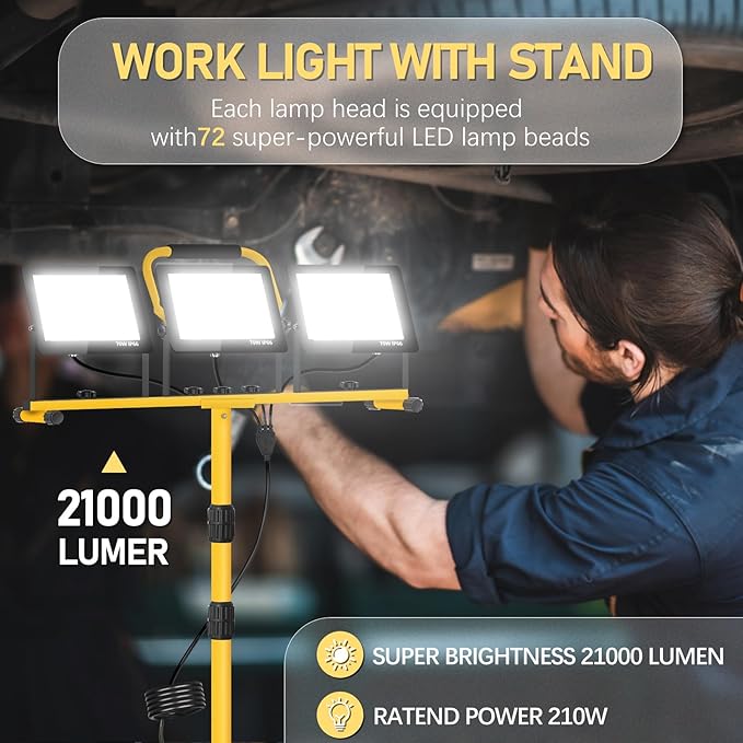 21000 Lumen LED Work Light with Stand -3 Head Portable Work Light 6500 Kelvin Color IP66 Waterproof Tripod Worklights for Job Site Workshop Garage Construction Site Lighting (3-Head)