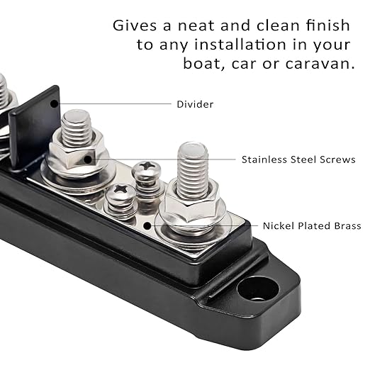 Recoil BBPG4 Bus Bar Positive and Negative 4 x 5/16”(M8) Studs and 4 x #8 Screw Terminals Power Distribution Block Busbar with Ring Terminals 150 Amp Rating