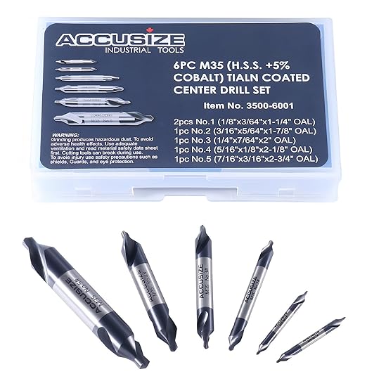 Accusize Industrial Tools (#1-#5), SAE 3/64"-3/16", 6 Pc ANSI M35 (H.S.S. +5% Cobalt) TiAlN Coated Center Drill Bit Set, Inch Sizes, 3500-6001