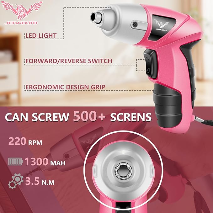 Pink Household Tool Set with 3.6V USB Electric Screwdriver, 112 PCS Home Tool Kit with Cordless Lithium-ion Drill Driver, Hand Tool Kits for Women