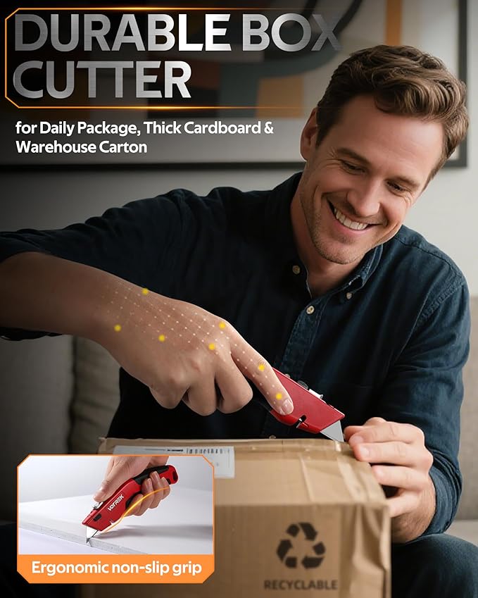 Box Cutter Utility Knife, [2-in-1] Retractable Box Cutter, Heavy Duty Safety Sharp Razor Knife for Home & Warehouse Cardboard, Carpet, [Blade Storage], with Extra Razor & Hook Blades (Red)