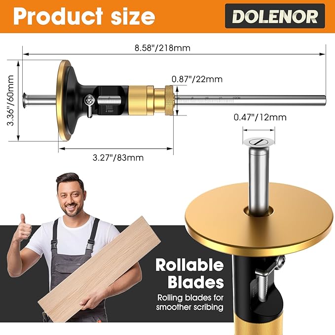 Wheel Marking Gauge Woodworking, Scribe Tool Woodworking, Adjustable 0-12cm, Aluminum & Brass Options, for Parallel Lines, Dovetail Joints & Professional Carpentry (Brass with Fine Adjustment)
