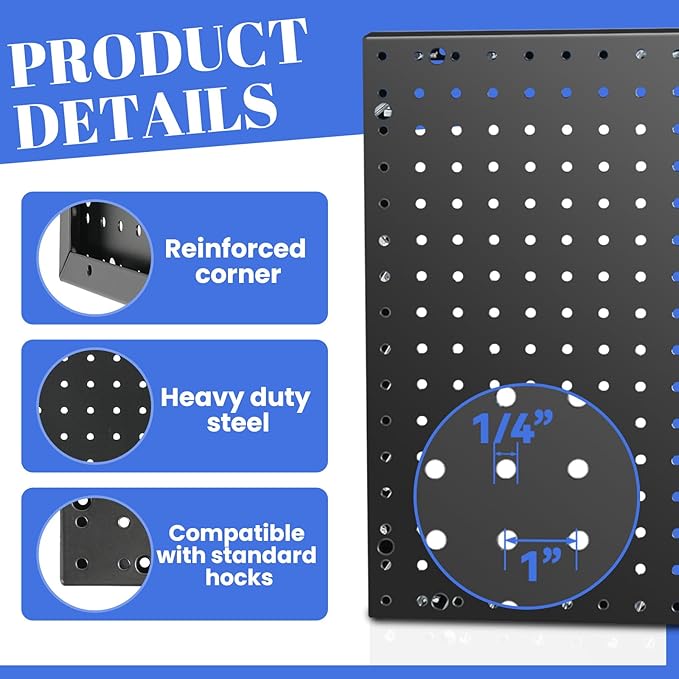 Heavy Duty 4 Panel 16" X 12" Metal Peg Board with 32 Varied Sturdy Hooks, Used for Tool Storage and Garage Organization. Peg Board Organizer Accessories, Black