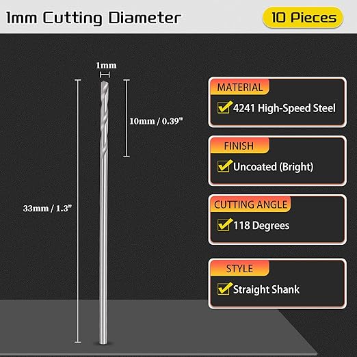 Drill Bit, 1mm Cutting Diameter, 4241 HSS 118° Cutting Angle Uncoated Bright Versatile Jobber Bits - (Applications: for Drilling Plastic Wood Soft Metal), 10-Pieces
