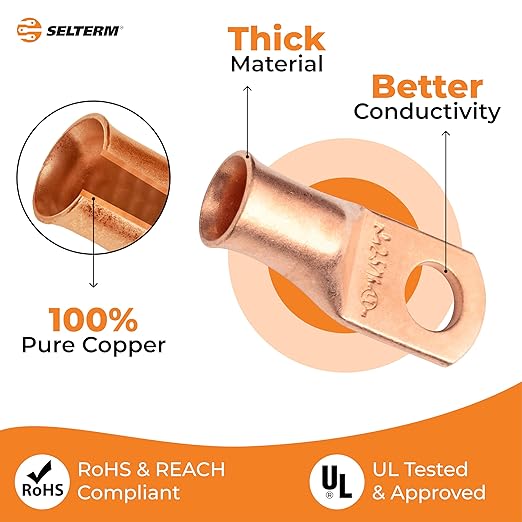 SELTERM 25pcs 2 AWG 5/16" Stud Battery Lugs, Ring Terminals, Heavy Duty Copper Wire Lugs, Battery Cable Ends, 2 Gauge Ring Terminal Connectors, UL Bare Copper Eyelets Electrical Battery Cable Lugs