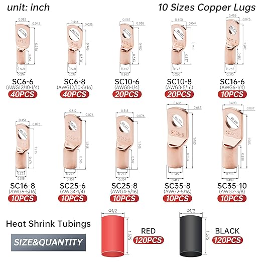 180Pcs AWG2 4 6 8 10 12Gauge Thickened Copper Electric Wire Lugs，Heavy Duty Battery Cable Lug Ends Ring Terminals Connectors，240Pcs 3:1 Heat Shrink Tubing Assortment Kit (420Pcs)