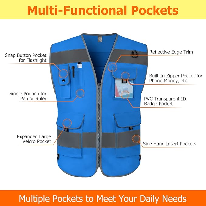 TCCFCCT Safety Vest 9 Pockets High Visibility Reflective Safety Vest for Men Women, Hi Vis Work Vest with Reflective Strips, Meets ANSI/ISEA Standards, (Blue, 3X-Large)