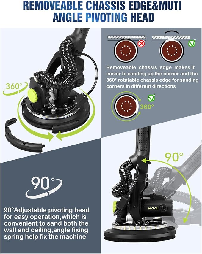 Drywall Sander, 7.2A Electric Drywall Sander with Vacuum Dust Collection, LED Light, 6 Variable Speed Digital Display 900-1800RPM, Foldable & Extendable Handle, 9 Sanding Discs&3 Grid Sandpaper