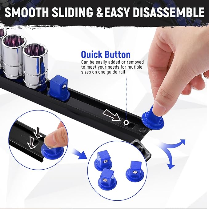 Magnetic Socket Organizer, 1-Piece Heavty Duty ABS Socket Holder, Socket Rail for Tool Box, Premium Quality 360° Swivel Socket Rack with 14 Clips for 1/4-Inch(Blue)