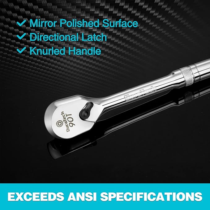 DURATECH 3/8" Drive Ratchet, Dirt Resistance 90-Tooth Ratchet Wrench, Chrome Alloy Made, Fully Polished