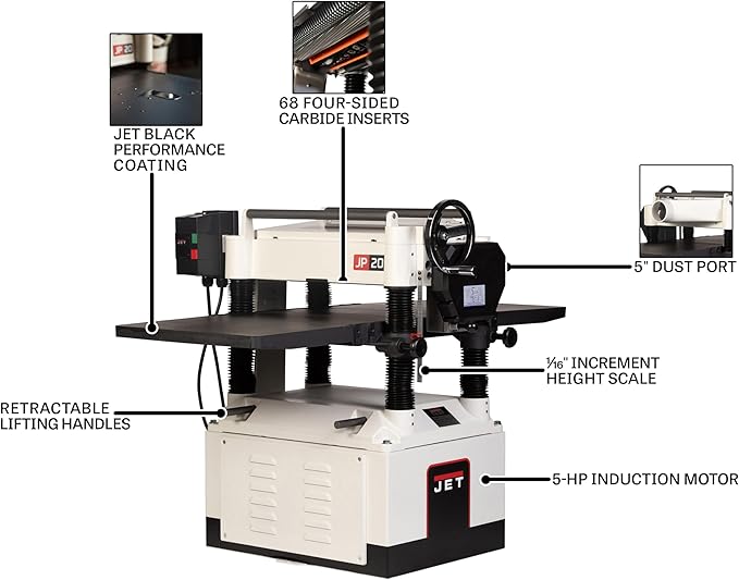 JET Black 20-Inch Planer, Helical Cutterhead, 5 HP, 230V 1Ph (Model JWP-208HH-BLK)