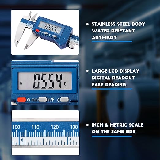 Dasqua 6” IP54 Digital Caliper, Stainless Steel Water-Resistant Precision Measuring Tool with Large LCD, Inch/Metric/Fraction Switch, ±0.001” Accuracy, Calibration Certificate & Storage Case