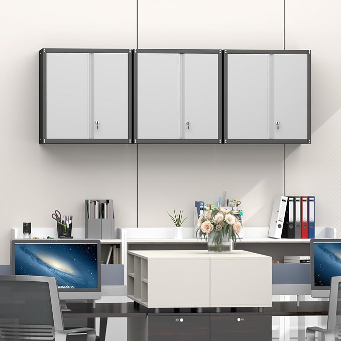 GREATMEET 27.95" H Lockable Storage Cabinet, Metal Garage Storage Cabinets, Wall Storage Cabinet for Utility Room, Black&Grey