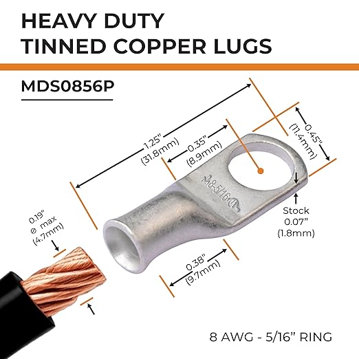 SELTERM 25pcs 8 AWG 5/16" Stud Marine Grade Tinned Copper Battery Cable Lugs, 8 Gauge Ring Terminals, UL Wire Lugs Electrical Battery Cable Ends, Tinned Copper Lugs Battery Terminal Connectors