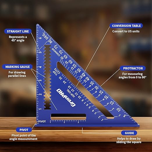Square Combination Woodworking Tools, 7inch Carpenter Square Wood Working Tools and Accessories, 12inch Square Ruler, Includes 2-in-1 Carpentry Pencil, Protractor Angle Ruler Carpentry Tool