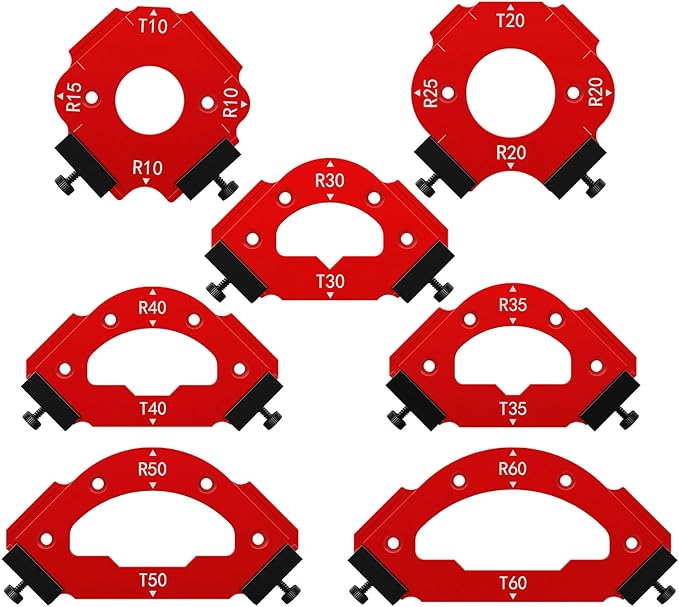 7pcs Radius Jig Router Template, 3 in 1 Corner Radius Routing Template Quick Jig Router Bit Templates Arc Cutting Auxiliary Tool R10 T10 R15 R20 T20 R25 R30 T30 R35 T35 R40 T40 R50 T50 R60 T60