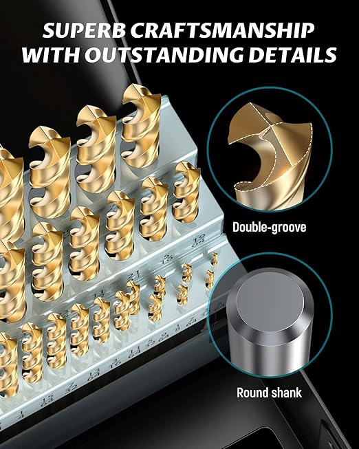 Lichamp 21-Piece HSS Drill Bit Set, Titanium Coating High-Speed Steel Drill Bits from 1/16" to 3/8" for Metal, Steel, Cast Iron and Plastic - Comes with Indexed Storage Case
