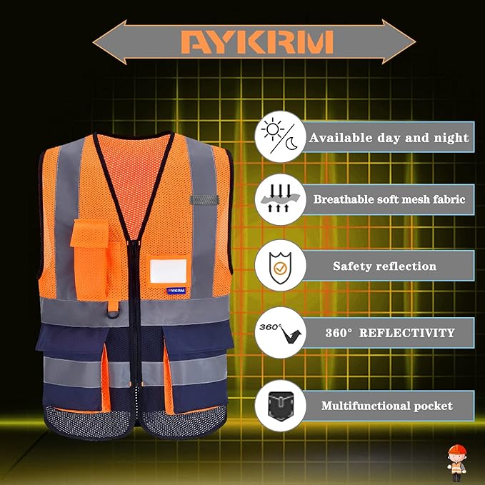 A-SAFETY High Visibility Mesh Safety Reflective Vest with Pockets and Zipper,Hi Vis Viz Reflective Safety Vest(Orange&Navy Mesh M)