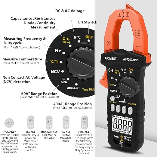 AIOMEST Bluetooth Digital Multimeter, AI-7200APP TRMS 6000 Counts Clamp-on Meter for AC DC Current Voltage Resistance Capacitance Hz Temp Diode Continuity Buzzer with Lamp NCV