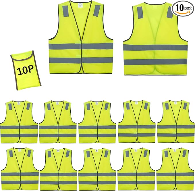 Safety Vests 10 Pack - Yellow Reflective High Visibility Construction ANSI Class 2 Work Vest for Men,Woman,Hi Vis Vest Mesh and Neon Silver Strip