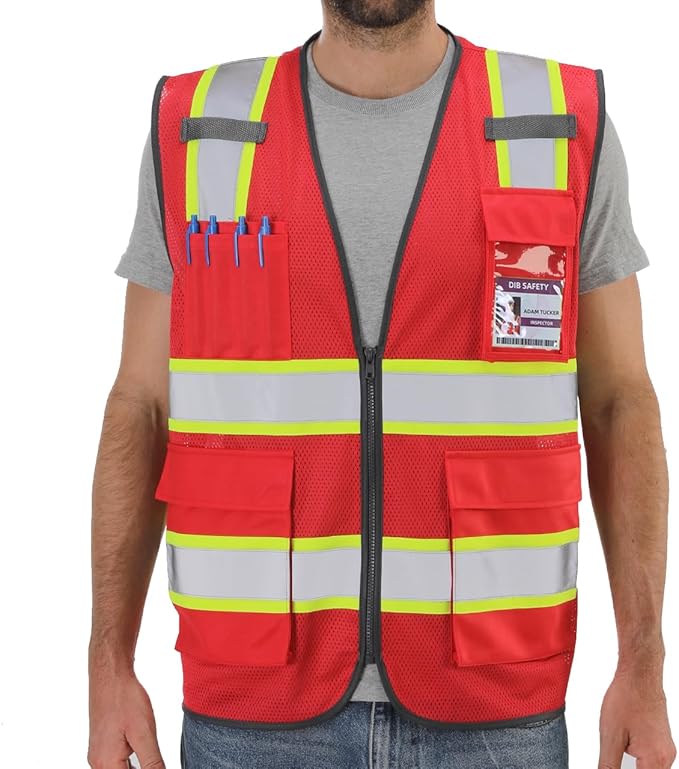 Dib Safety Reflective Mesh Vest High Visibility Two Tone with Pockets and Zipper, Red Mesh with Yellow Trim XL
