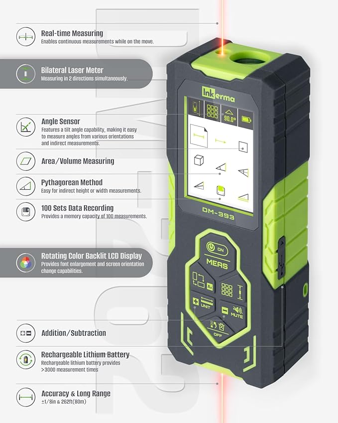 Laser Measurement Tool, Inkerma Bilateral Laser Distance Meter,Rechargeable Laser Measure with Color Backlit LCD Display, Angle Sensor, Pythagorean Mode, Area and Volume