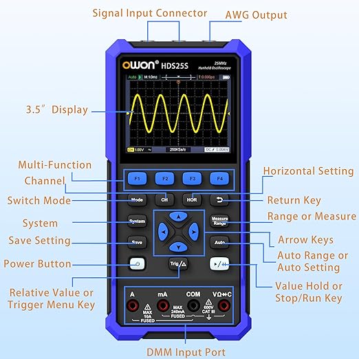 OWON Oscilloscope Multimeter, OWON HDS25S Dual Channel Handheld Oscilloscope with 10MHz Waveform Generator with 250 MSa/s Sample Rate for Multi Tester