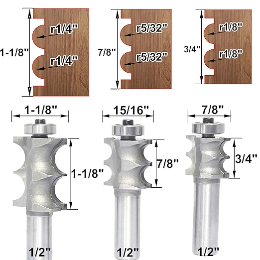 3Pcs Double Beading Router Bits 1/2" Shank,Cutting Height 3/4",7/8",1-3/8" Pair Beads,Dual Bead Columns for Furniture Molding,Perfect Edge Mould Cutter for Shelf with Ball Bearing Guided