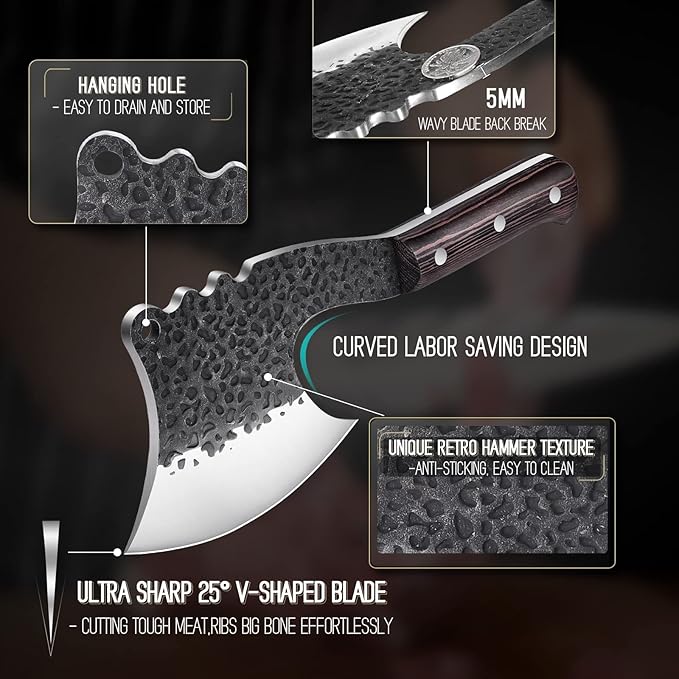 ROCOCO Meat Bone Cleaver Knife for Meat Cutting Handmade Heavy Duty Butcher Axes Hand Forged Full Tang Chopper for Kitchen Outdoor BBQ Chirstmas Mother Father Gifts Idea Men Black