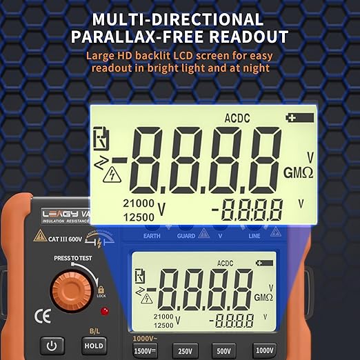 LEAGY VAD78 Digital Insulation Resistance Tester - Accurate Megohm Meter for DC/AC Voltage Testing (20-1500V, 20-750V) and Resistance Measurement (0-5000 Megohms)