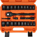 HORUSDY 1/2" Drive Shallow Impact Socket Set, 24-Piece SAE (7/16"-1") and Metric (13-24mm), 6 Point, Cr-V, Includes 1/2-Inch Drive Ratchet Handle, Drive Extension Bar