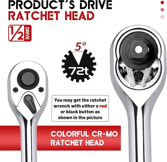 1/2 Inch Drive Ratchet Wrench, 1/2 Ratchet Wrench Long Handle, Socket Wrench, 72-Tooth Quick-release Reversible Cr-Mo Head, Chrome Steel Made - 15''38cm