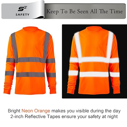 sesafety High Visibility Long Sleeve Construction Work Shirts Orange 3XL
