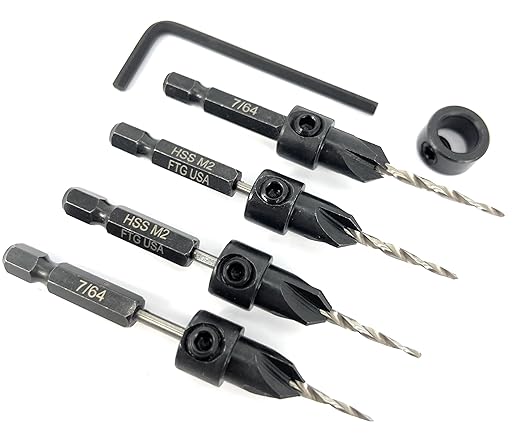 FTG USA Countersink Drill Bit Set 4 Pc #4 (7/64") Wood Bit, Tapered Bit, Stop Collar, Hex Wrench for Woodworking