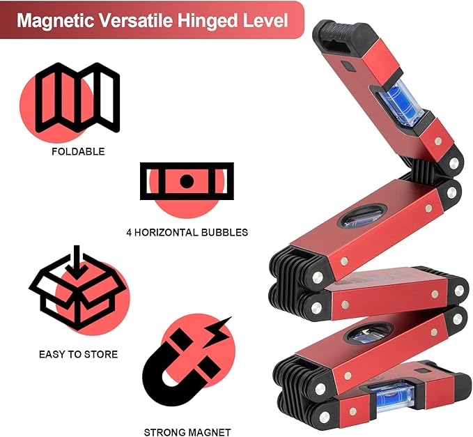Folding Level, 5 Sections Foldable Measuring Tool for Various Corners Stairs, Accurate Multi-Angle Measurement Magnetic Aluminum Alloy Portable Level (28inch)
