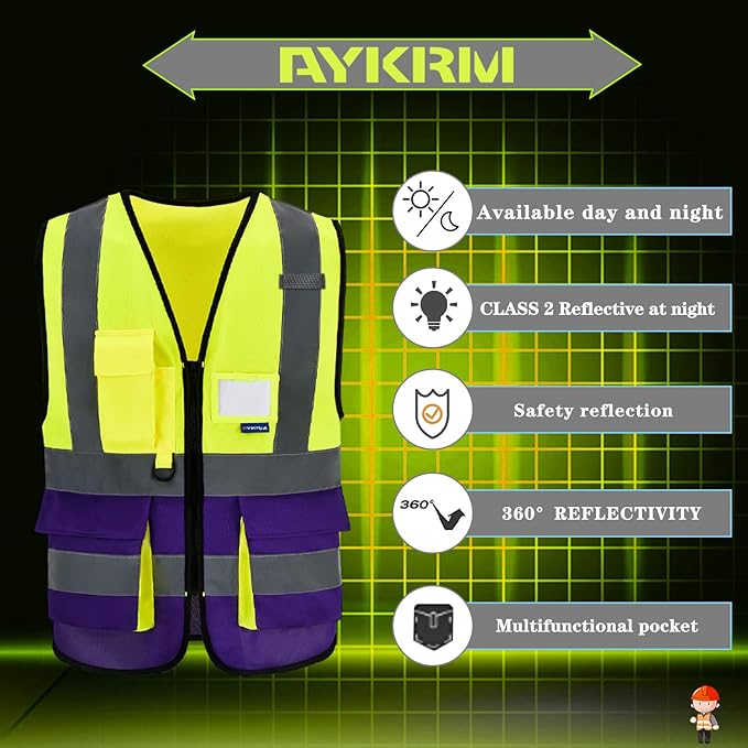 Yellow&Purple X-Small High Visibility REFLECTIVE Safety Vest with 4 Reflective Strips 7 Pockets ZIPPER