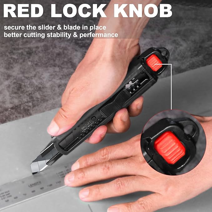 HAUTMEC 18mm Utility Knife, Heavy Duty Box Cutter with Double Lock Mechanism, SK2 Sharp Black Blade with 10pc Blade Set, Double Safety, for Industrial or Construction Applications HT0153-KN