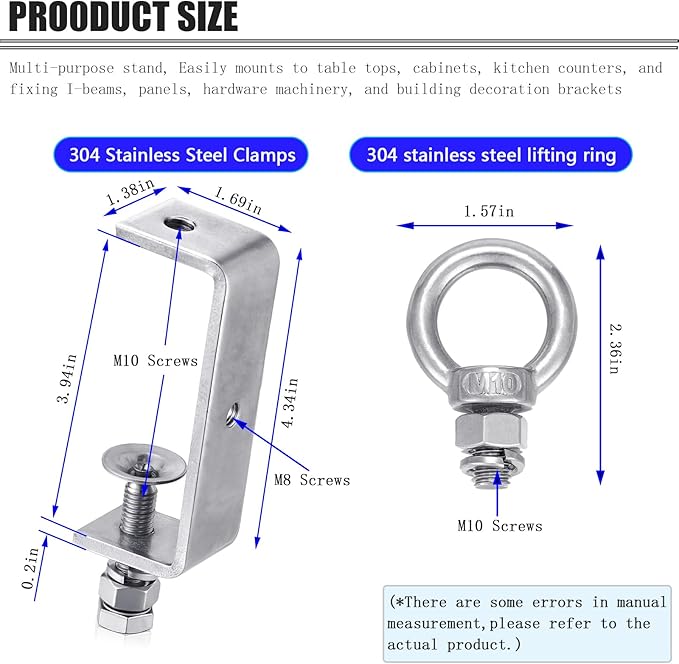 2-Pack Small C Clamps – 304 Stainless Steel Beam Clamps with M10 Screw Ring | Adjustable, Rust-Resistant I Beam Clamps for Ring Beams, Welding, Woodworking, Plants & Desk Use. Wide Jaw Openings(100MM)