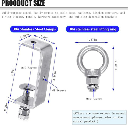 2-Pack Small C Clamps – 304 Stainless Steel Beam Clamps with M10 Screw Ring | Adjustable, Rust-Resistant I Beam Clamps for Ring Beams, Welding, Woodworking, Plants & Desk Use. Wide Jaw Openings(100MM)