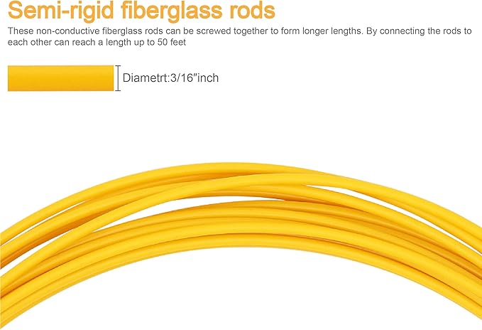 50 Feet Fiberglass Cable Wire Running Rod Coaxial Electrical Connectable Fish Tape Pull Kit