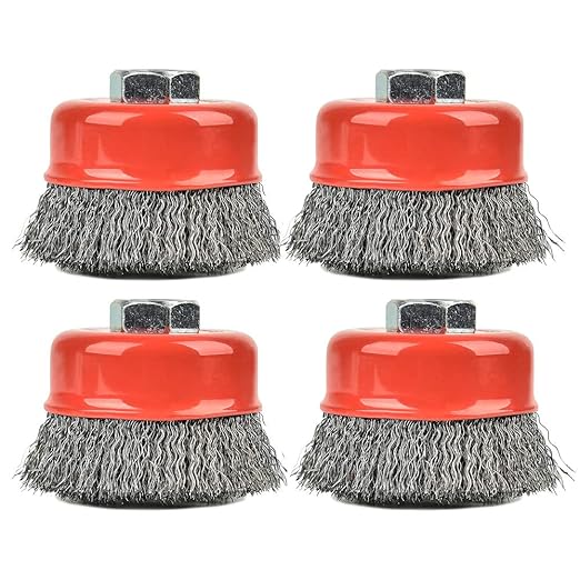 4PCS 3 Inch Carbon Steel Crimped Wire Wheel Cup Brush Set for Grinders, Coarse Crimped with 5/8-Inch-11 Threaded Arbor, Max RPM 12,500, Light-Duty Conditioning for Metal, Rust Removal, Abrasives