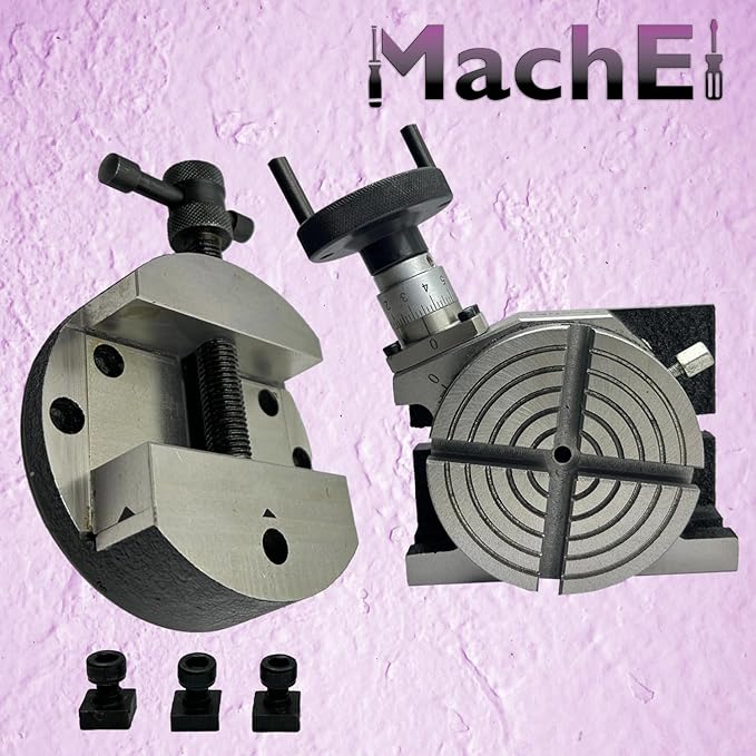 MachEl 4"/100mm Precision Rotary Table with 80mm Round Vice and Clamping T-Nut Bolts – Ideal for Horizontal and Vertical Milling and Indexing