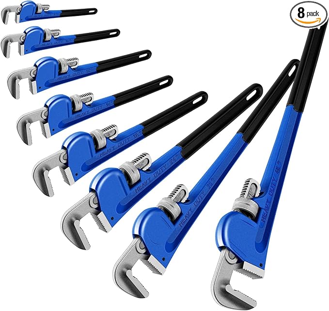 Gisafai 8'' 10'' 12'' 14'' 18'' 24'' 38'' 48'' Straight Heavy Duty Pipe Wrench Set Plumber Adjustable Water Alloy Steel Grip Plumber's Wrench Plumbing Tools, Blue