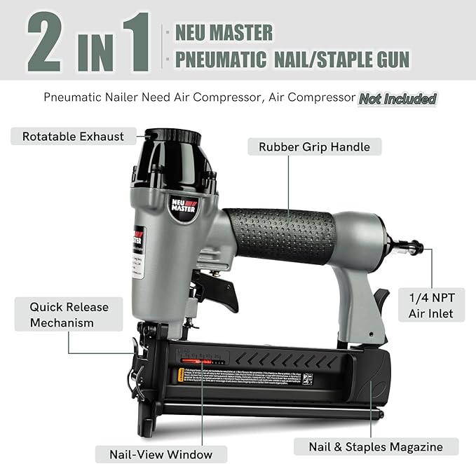 NEU Master Pneumatic Brad Nailer, 2 in 1 Nail Gun Staple Gun Fires 18 Gauge 2 Inch Brad Nails and Crown 1-5/8 inch Staples with Carrying Case and Safety Glasses (Need Air Compressor)