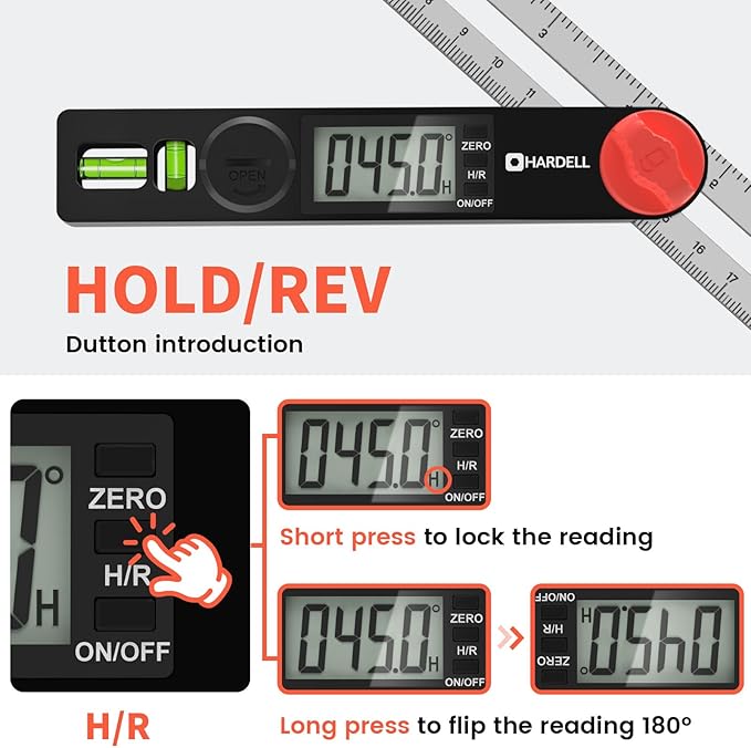 HARDELL Digital Angle Finder, 8 inch 230mm T-Bevel Protractor Ruler, Horizontal Vertical Bubble levels with Large LED Screen, 0-338 Degree Angle Measuring Tool, Suitable for Carpenters, Woodworkers