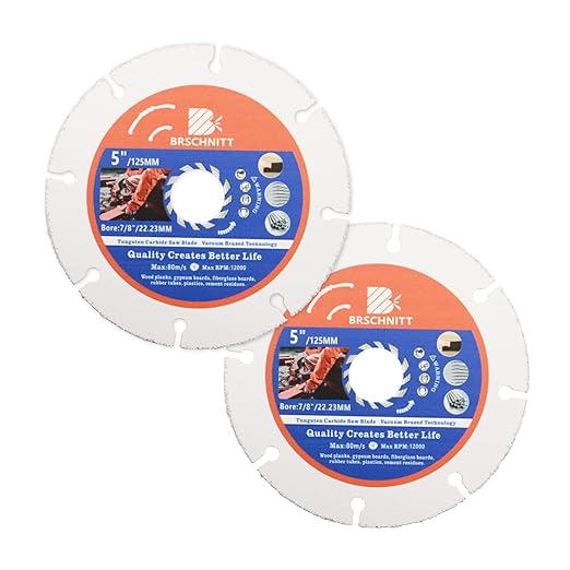 Carbide Multi Wheel,BRSCHNITT 2pcs 5 Inch (125mm) with Arbor 7/8" Tungsten Carbide Cut Off Wheel for Wood,Laminate,Gypsum Board,Plastic for Angle Grinder Cutting Disc